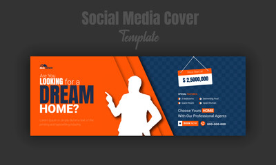 Corporate abstract and modern dream home for sale social media post, web banner design template, real estate company property promotion timeline cover with orange shape and dark blue background