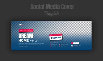 Corporate abstract and modern dream home for sale social media post, web banner design template, real estate company property promotion timeline cover with pink shape and blue background