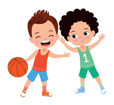 kids playing basketball, cartoon style clip art preview