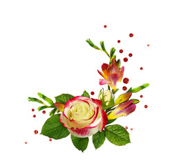 Fresh red and yellow freesia flowers and rose with confetti in a corner floral arrangement isolated...