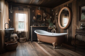Interior design of Bathroom in Rustic style with Clawfoot Bathtub decorated with Wood Plank Walls, Stone Tile material. Rustic architecture. Generative AI