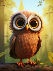 Cute cartoon owl in the forest
