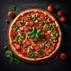 Pizza Capricciosa surrounded by fresh ingredients like tomatoes, basil, and mushrooms