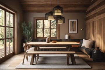 A cozy and rustic cabin-style hotel room nestled in a picturesque mountain landscape.Generated AI