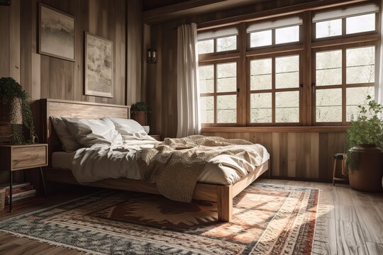A cozy and rustic cabin-style hotel room nestled in a picturesque mountain landscape.Generated AI