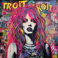 Grrrl woman poster: a vibrant wall poster, punk rock music, bold font, feminist slogans, '90s counterculture. Pop art graffiti style. Street punk art