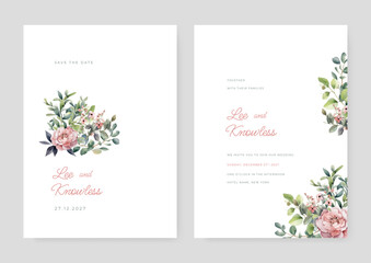 Wedding invitation in the botanical style. Colorful flowers on a white background. Background for the invitation, shop, beauty salon, spa.