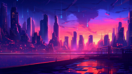 AI, purple and red view onto futuristic city with a lake