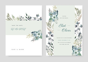 Fototapeta na wymiar wedding invitation card set template design with watercolor flower, leaf and branch