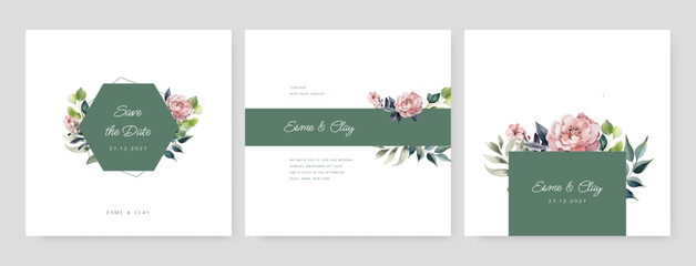 Template design with highly detailed, vector, realistic, spring flowers. Botanical wedding invitation card template design, white magnolia flowers and leaves.