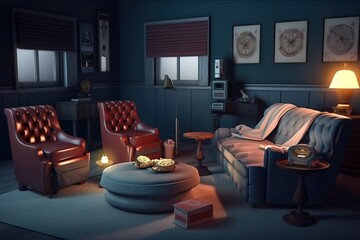 Movie Room: Capture a set of images that showcase a cozy, cinematic movie room. Use natural light to highlight the colors and textures of the seating and decor Generative AI
