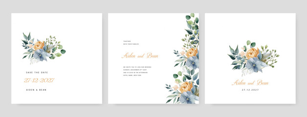 Wedding Invitation, menu, rsvp, label, table number, envelope. Floral design watercolor fern leaves, foliage decorative frame print. Vector elegant cute rustic greeting, invite postcard