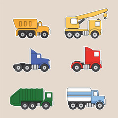 Vector illustration set of various colorful cartoon, 2D outlined trucks