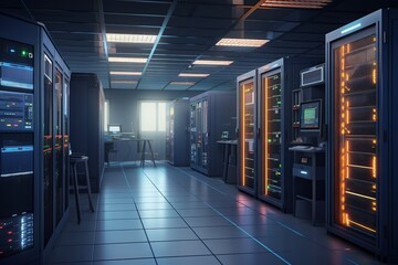 Computers for digital TV, IP communications, and the internet are housed in a network server room. Generative AI