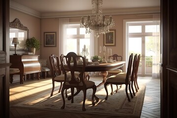 Beautiful living room in traditional luxury home with carpet on hardwood floor. Generative AI