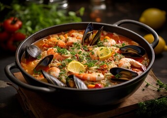 Brodetto di Pesce with various seafood and a rich, tomato-based broth, served in a deep cast iron skillet