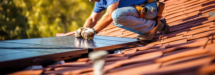 A worker installs solar panels on the roof of a house, Side view. Generative AI