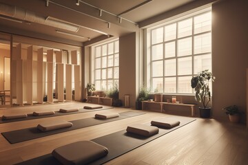 Clean and Calm Yoga Studio with Beautiful Nature View Interior Design AI generated
