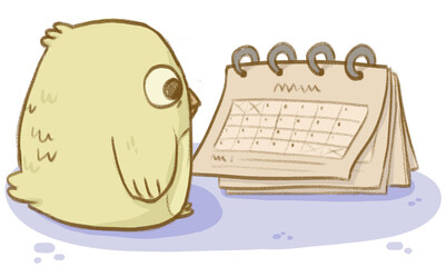 Un poussin devant un calendrier © Eulalie