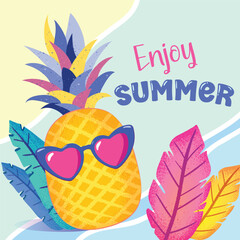 Enjoy summer cute pineapple with heart sunglasses and tropical leaves card background for holidays , summer wallpaper illustration