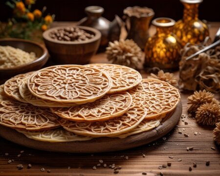traditional Pizzelle recipe with ingredients spread out on a wooden table