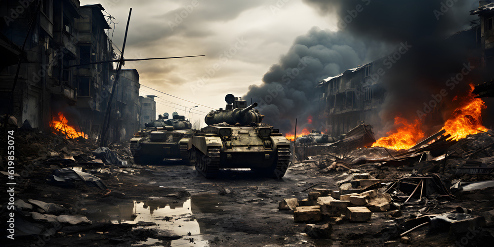 Wall mural destroyed town with collapsing structures after war. ai generated