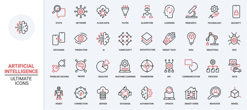 AI trendy red black thin line icons set vector illustration. Digital brain of bot and automatic machine learning, science future technology and automation network process, electronic smart tech system