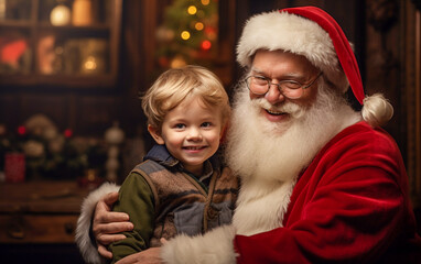 Fototapeta na wymiar A ruddy Santa Claus holds a baby boy in his arms. Smiles, happiness and amazement