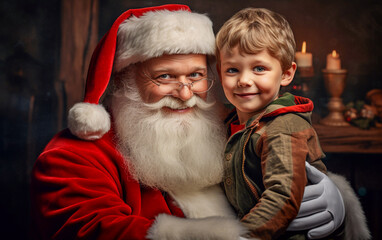 A ruddy Santa Claus holds a baby boy in his arms. Smiles, happiness and amazement