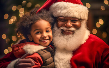 A ruddy african american Santa Claus holds a baby girl in his arms. Smiles, happiness and amazement