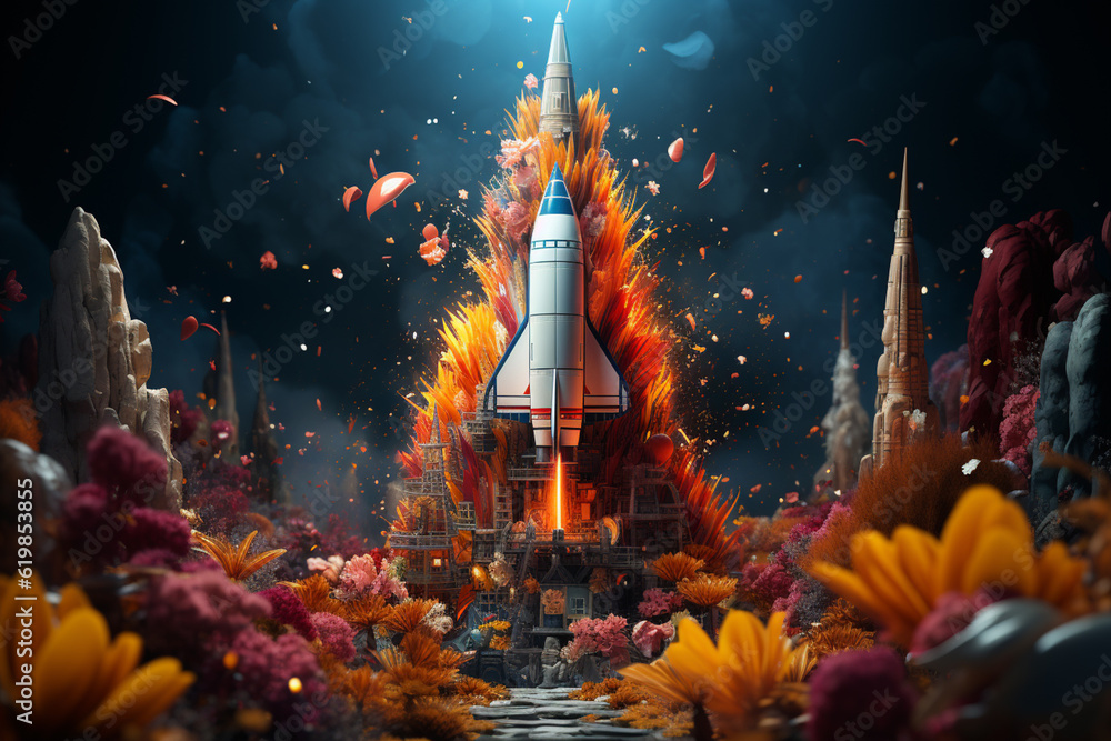 Poster Beautiful abstract illustrations Rocket and stars on a background. Space exploration.  Generative AI.