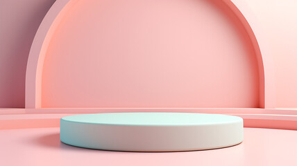 3D Render, Empty Round Podium Mockup  Stage Dias Cosmetic Beauty Product Show Case Mock up on Trendy Coral Orange and Blue Background with Flowers, bold minimal modern  template. Generative AI.