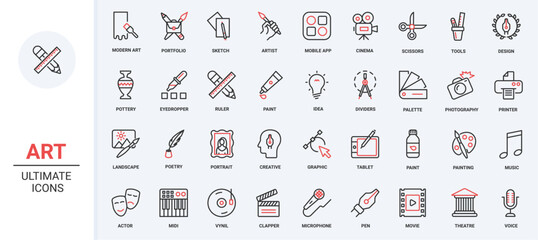 Collection of abstract artwork pictogram with music, theater, cinema movie media projects, portfolio symbols vector illustration. Trendy red black thin line icons set for art design creative process