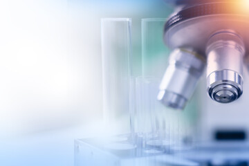 Science laboratory background, wallpaper or banner. Concept of biotechnology, chemist, glassware, discovery and experiment background. Biology and microscope banner. Scientist wallpaper.