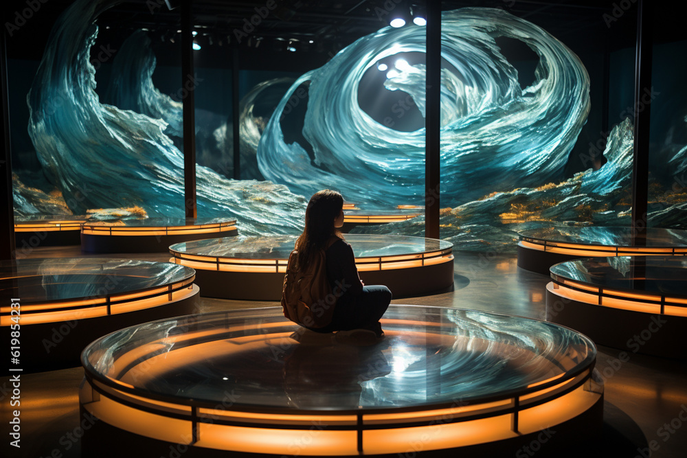 Poster A mixed media installation that replicates the experience of being caught in a whirlpool.  Generative AI.