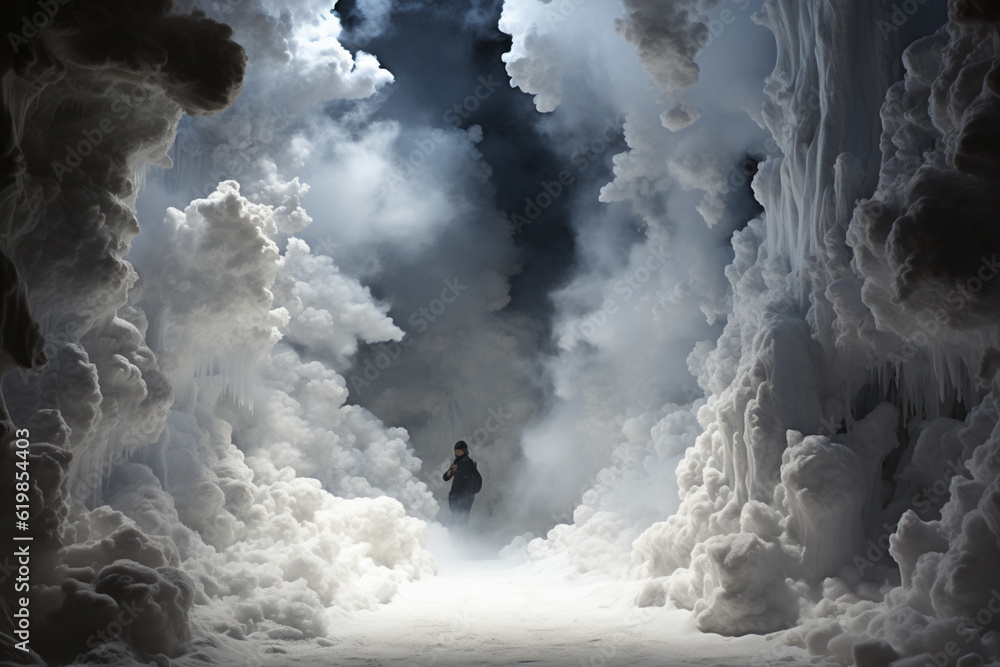 Poster a mixed media installation that recreates the immersive experience of being in the path of a snow av
