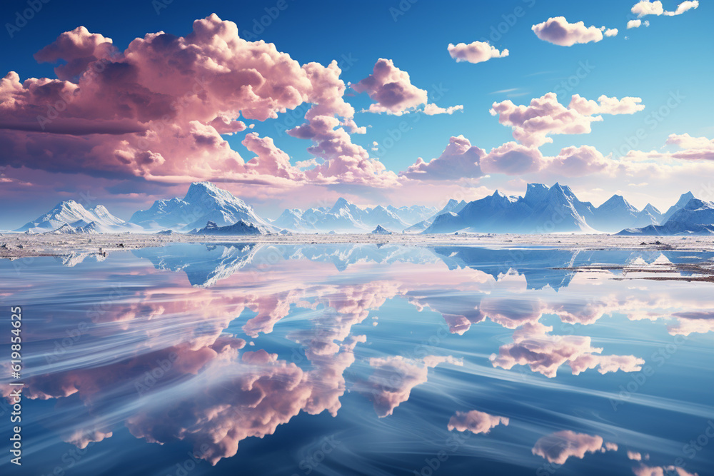 Poster a panoramic shot of the uyuni salt lake during the rainy season, when a thin layer of water covers t
