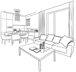 Fototapeta premium Line sketch of the interior living room.