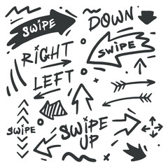 Handdrawn icon. Set of vector doodle stickers for social network. Black and white arrow. Sticker for turning pages on the Internet. Template for post, story. Monochrome flat bubble with word. Up