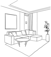 Line sketch of the interior living room.