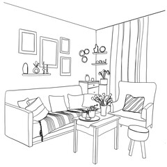 Line sketch of the interior living room.