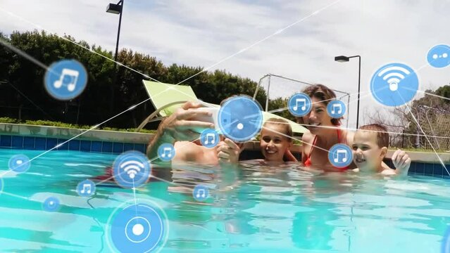 Animation of network of digital icons against caucasian family taking a selfie in the pool