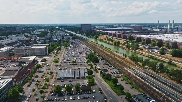 Drone shot of The Wolfsburg Volkswagen Factory , Wolfsburg , Germany  . The Wolfsburg Volkswagen Factory is the worldwide headquarters of the Volkswagen Group, and one of the largest manufacturing pla