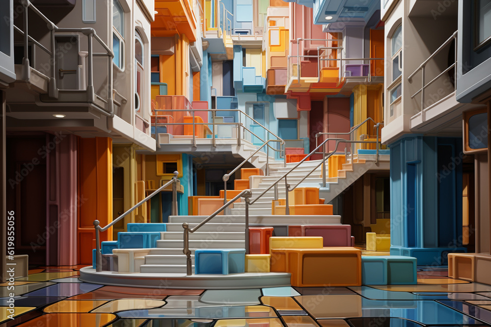Poster An abstract painting showcasing a staircase motif with bold and vibrant geometric patterns.  Generative AI.