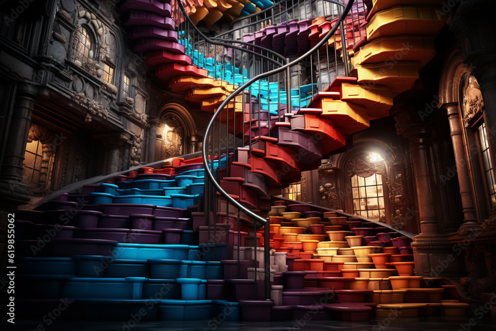 Poster an architectural photograph showcasing a stunning spiral staircase with an abstract geometric design