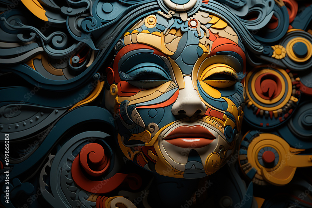 Aufkleber A digital artwork featuring an abstract geometric mask composed of intricate patterns and shapes.  Generative AI.
