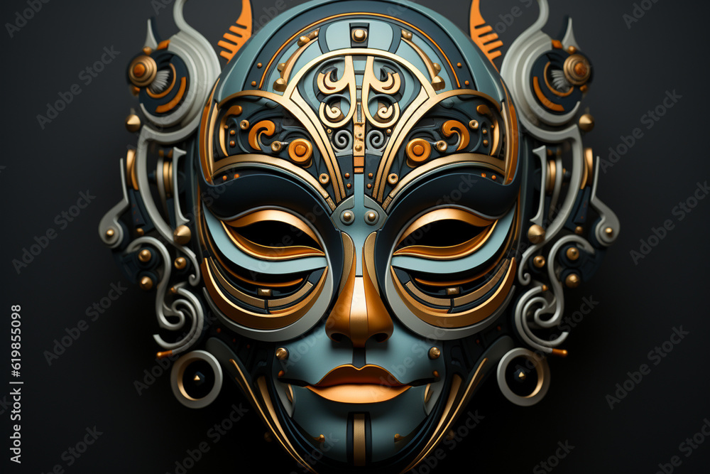 Poster A digital illustration of an abstract geometry mask created using geometric software tools.  Generative AI.