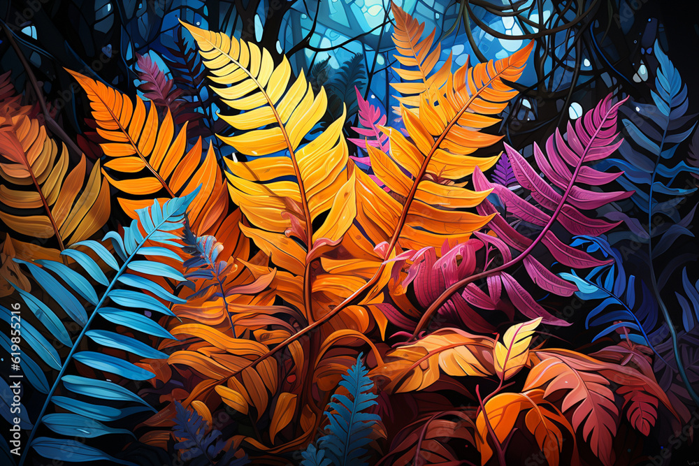 Poster An abstract painting featuring vibrant colors and geometric shapes inspired by the fern's graceful form.  Generative AI.