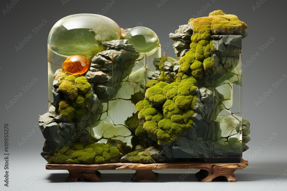 Poster A three-dimensional sculpture inspired by the intricate forms of moss.  Generative AI.