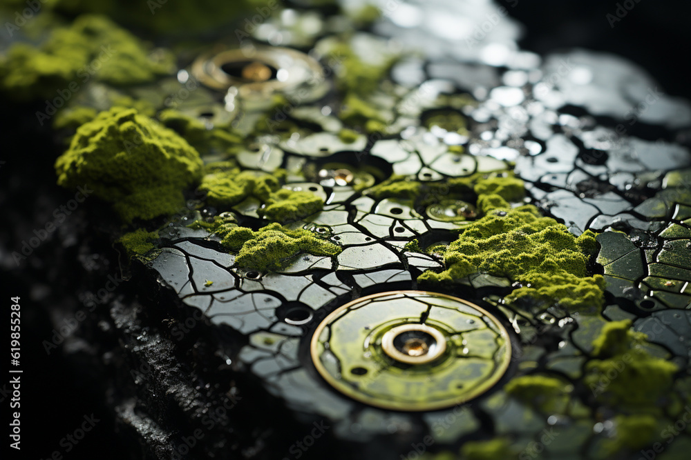 Poster  of moss growing on a stone surface, where the intricate patterns and textures of the moss create a captivating display of geometric forms.  Generative AI.